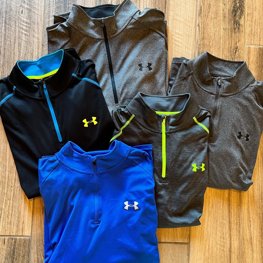 5 Under Armour Men's 1/4 Zip pullovers - Black, Blue, Gray